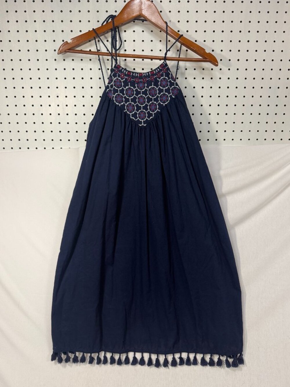 LOFT Halter Dress Small S Cotton Navy Blue Embroidered Tassel Lined Summer Boho